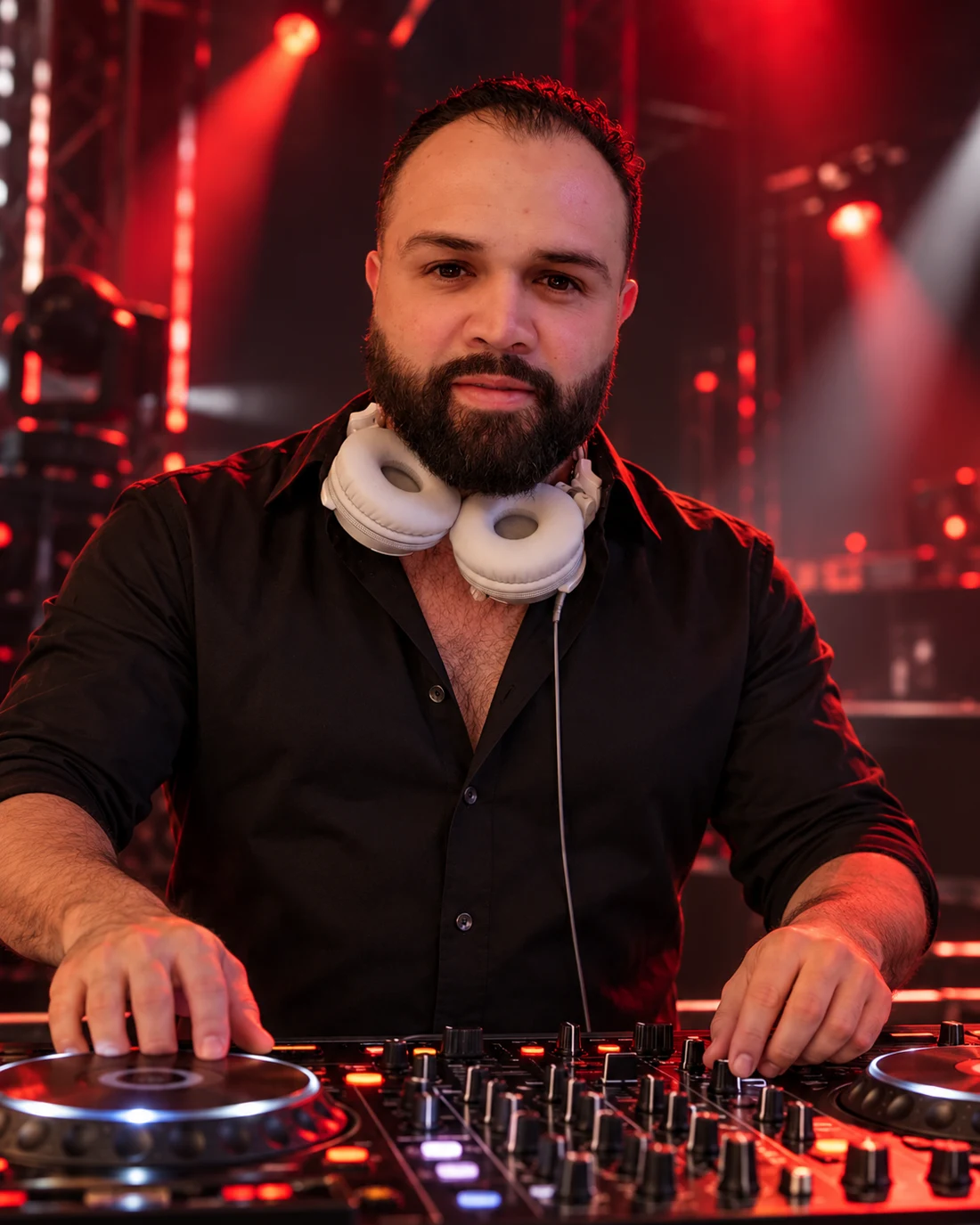 Retrato de DJGEMIXX con consola de DJ; ambientación digital